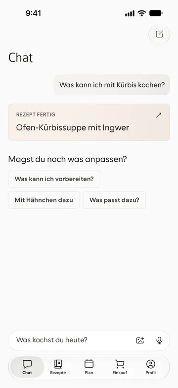 Chat in Topf-Secret mit der Rezeptkarte „Ofen-Kürbissuppe mit Ingwer“ und Vorschlägen zum Anpassen