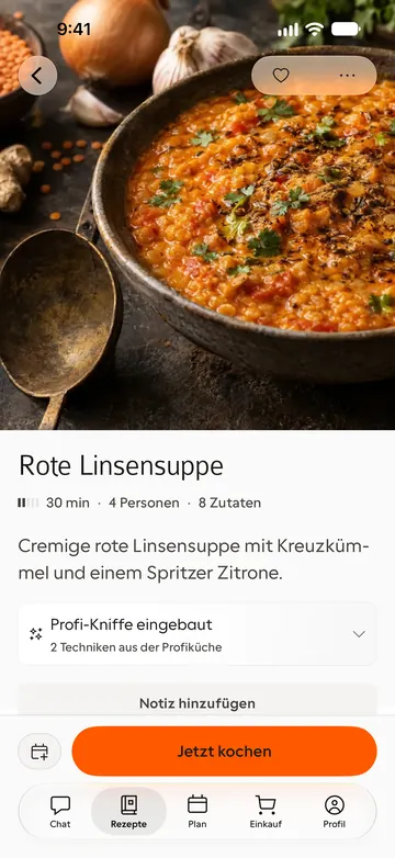 Rezept „Rote Linsensuppe“ mit Foto der fertigen Suppe, Zeit, Portionen und Profi-Kniffen