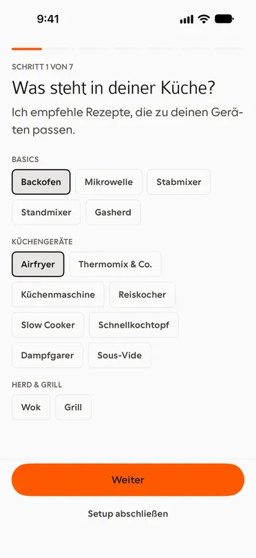 Einrichtung „Was steht in deiner Küche?“ mit Küchengeräten wie Backofen, Airfryer und Thermomix zum Antippen