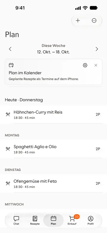 Wochenplan mit geplanten Gerichten für Donnerstag bis Mittwoch und der Option, den Plan in den Kalender zu übernehmen