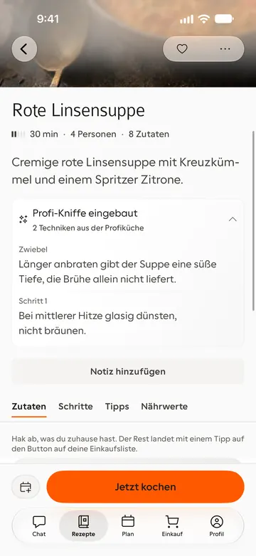 Rezeptdetail mit ausgeklappten Profi-Kniffen, etwa zum Anbraten der Zwiebel und zur Hitze
