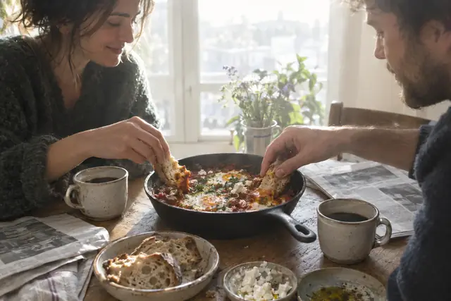 Zwei Menschen tunken gleichzeitig Brot in eine Pfanne Shakshuka auf dem Frühstückstisch.